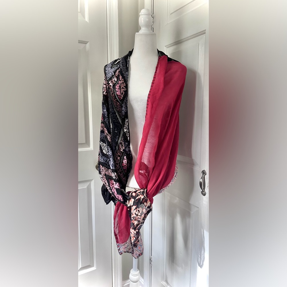Soft Surroundings Black and Red Patterned Sheer Wrap